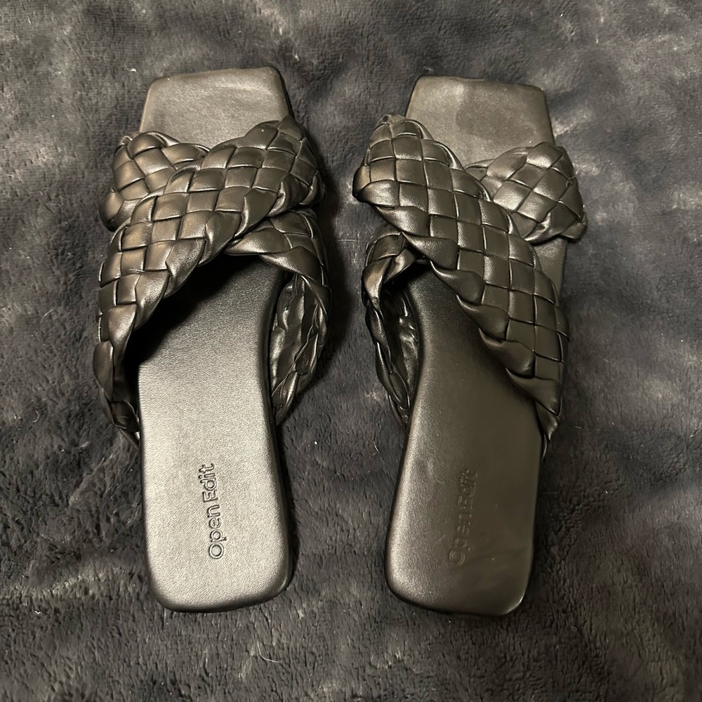 Open Edit Black Woven Cross Two Strap Sandal Size 9